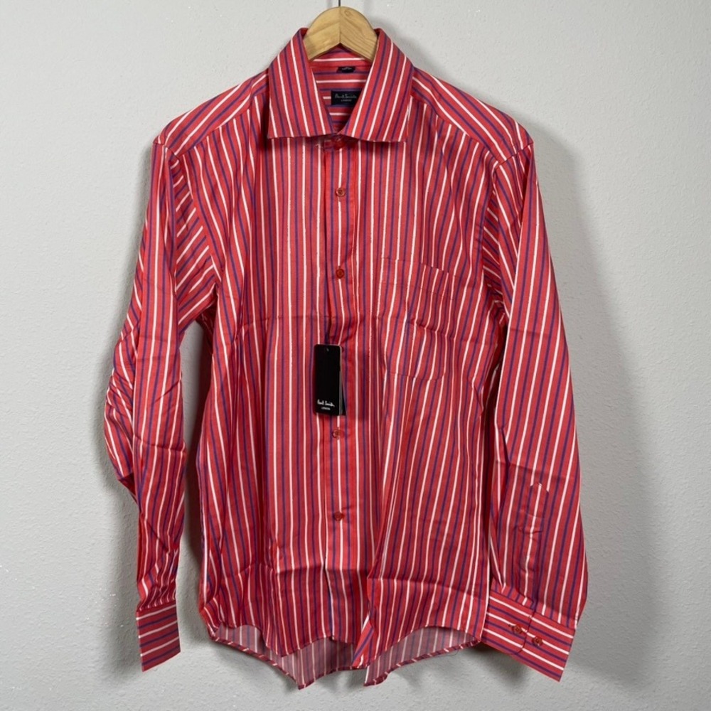 Paul Smith Dress Shirt Mens 15.5 Red Striped NWT London Cotton Long Sleeve